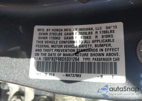 2013 Honda Civic Ex z USA, uszkodzony, nr VIN 19XFB2F88DE031264